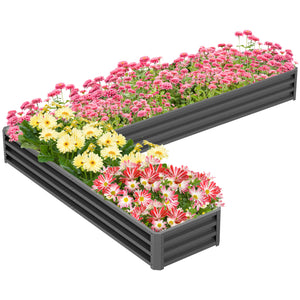 Raised L-shaped planter made of galvanized steel with reinforced rods
