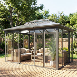 10' x 14' outdoor gazebo with rigid roof, aluminum veranda with sliding doors, double roof, dark gray