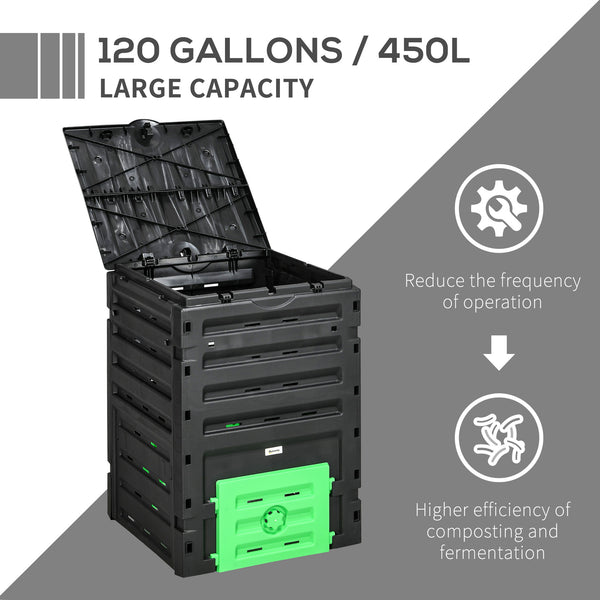 Garden composter with 80 ventilation holes and 2 sliding doors, 450 L, black