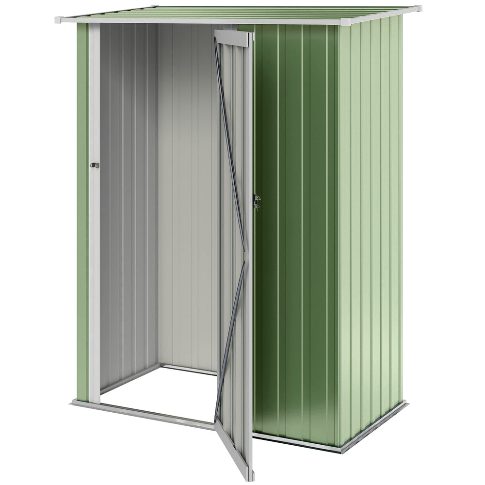 Metal garden shed with sloping roof and lockable door for tools, light green