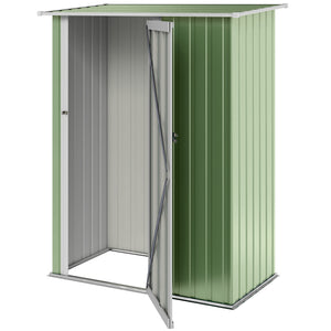 Metal garden shed with sloping roof and lockable door for tools, light green