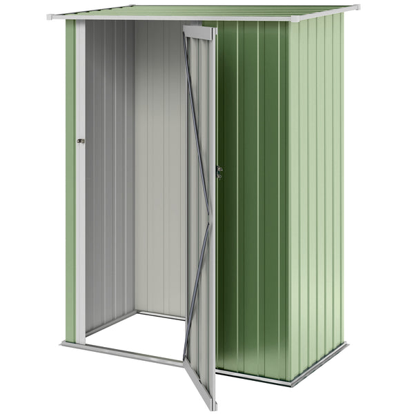Metal garden shed with sloping roof and lockable door for tools, light green