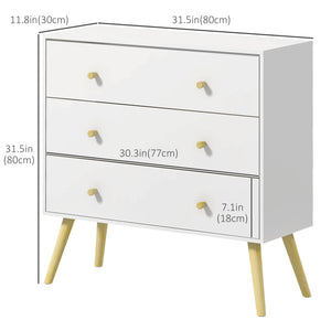 White chest of drawers with 3 drawers, modern chest of drawers with solid wood legs and handles, white
