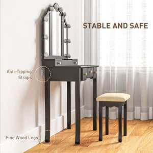 Dressing table with stool, 10 LED lights, 5 drawers and 3 compartments, black