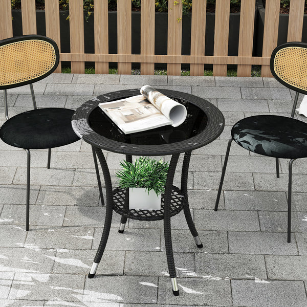 Outdoor rattan dining table with 2-tier storage shelf, black