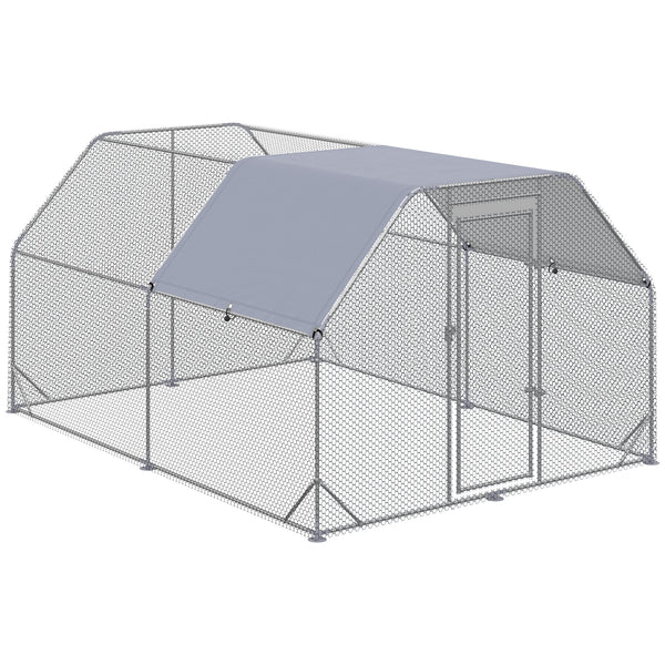Galvanized metal chicken coop with flat roof and tarp