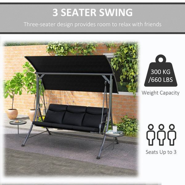 3-seater steel swing with adjustable canopy, black
