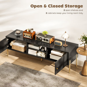 TV stand for TVs up to 65 inches, multimedia center with 2 open shelves, 2 cupboards and steel legs for living room, black