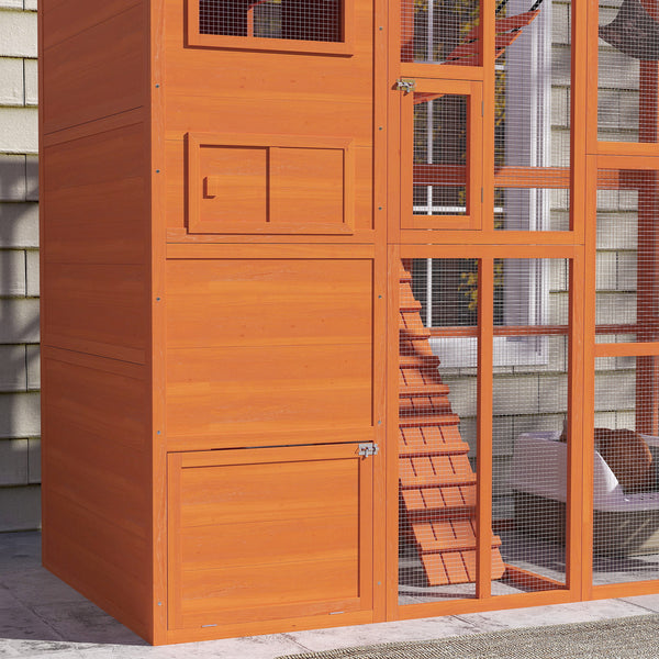 Cat enclosure with condo, jumping platforms, ladder, ramps and hammock, orange