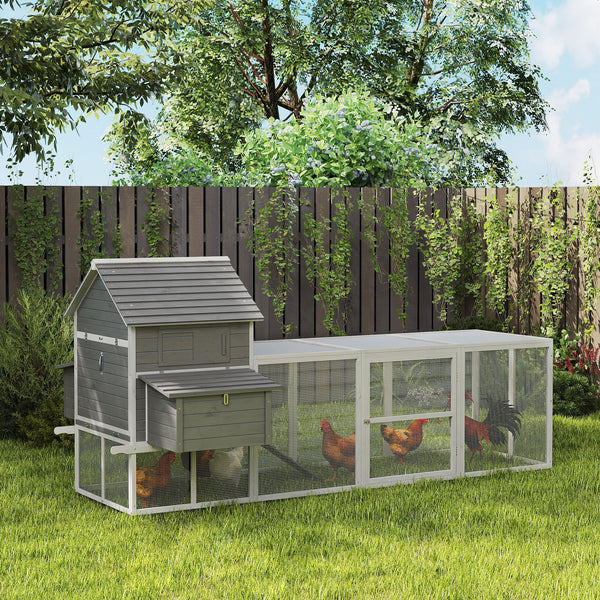 Wooden chicken coop with nesting boxes, run, doors, tray, and ramp for 4 to 6 chickens