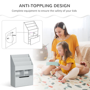 Bookcase with multiple shelves and storage drawer, gray