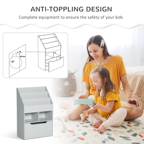 Bookcase with multiple shelves and storage drawer, gray