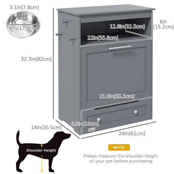 Grey food storage cabinet with elevated bowls
