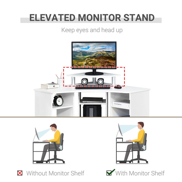 L-shaped computer desk with monitor stand, white