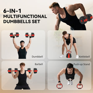 66 lb 6-in-1 Adjustable Dumbbell Set with Barbell, Kettlebell, and Push-up Stands