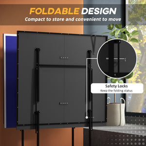 Full-size ping pong table with net, paddles, balls and wheels, blue