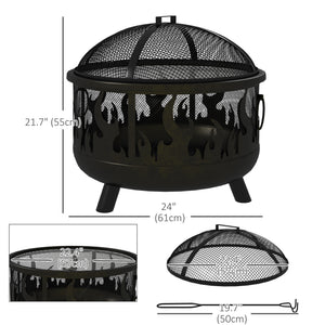 Metal wood-burning fireplace with lid and handles for a poker, black