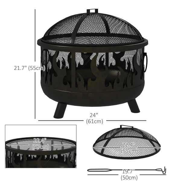 Metal wood-burning fireplace with lid and handles for a poker, black