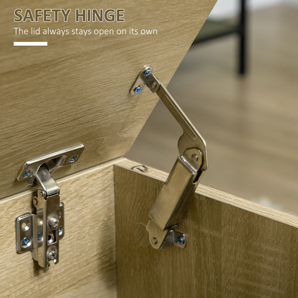 Lift-up storage bench with safety hinges and steel legs, natural