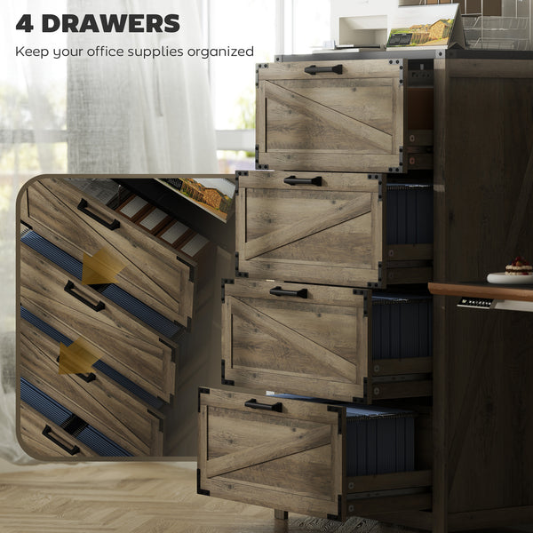 Country Style 4 Drawer Filing Cabinet with Adjustable Hanging Bars for Letter, A4, Legal Size, Grey