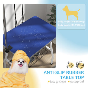 Dog grooming table with adjustable arm, mesh tray and two leashes, blue