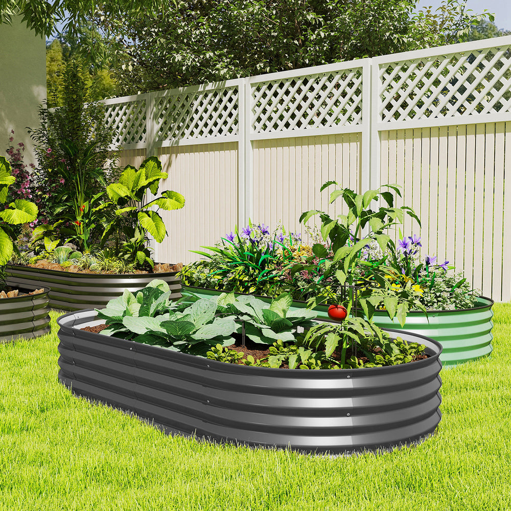 Raised outdoor planter in galvanized steel with metal support, dark grey