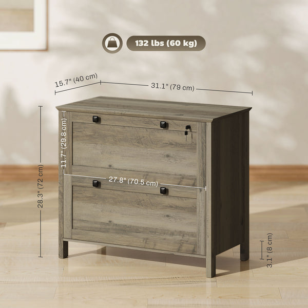 2-drawer filing cabinet, lockable with adjustable hanging bar for A4 documents, weathered grey oak