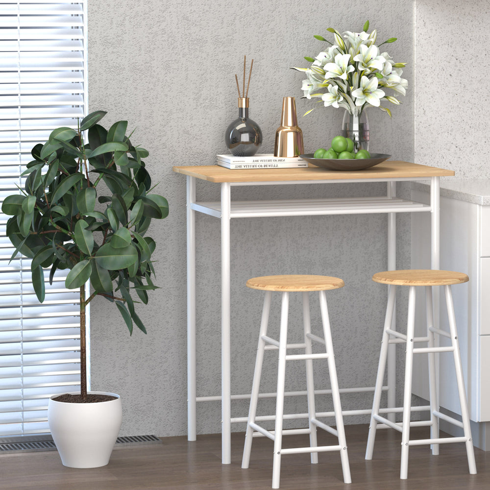 3-Piece High-Top Table Set with Storage Shelf and Metal Footrest, White and Oak