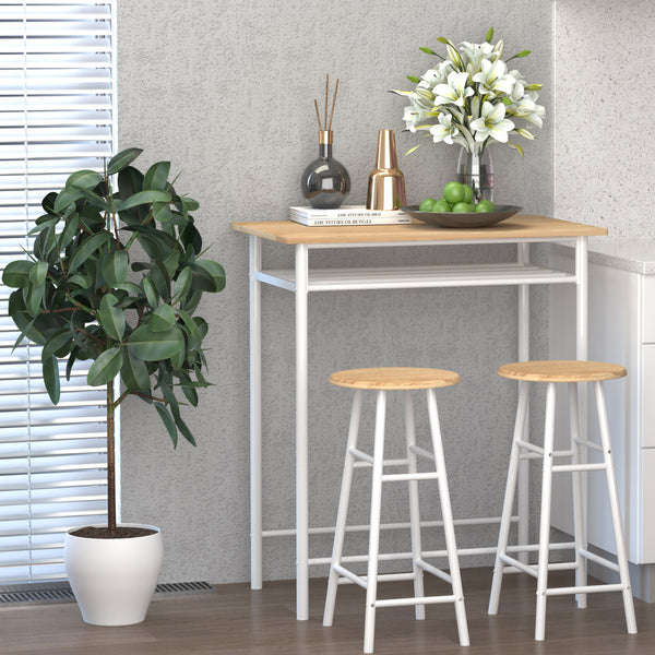 3-Piece High-Top Table Set with Storage Shelf and Metal Footrest, White and Oak