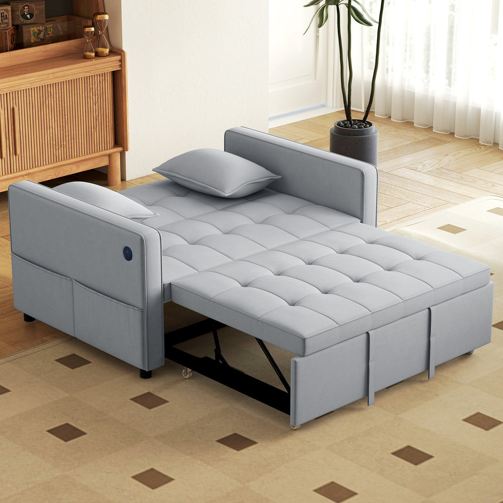 3-in-1 convertible sofa bed with USB port, adjustable backrest and side pockets, light grey.