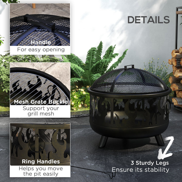 Metal wood-burning fireplace with lid and handles for a poker, black