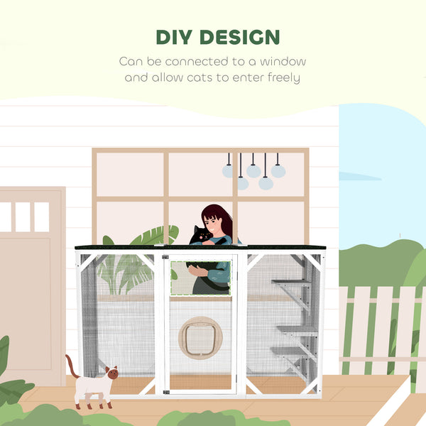 Cat enclosure with waterproof roof, multi-level platforms, lock, white