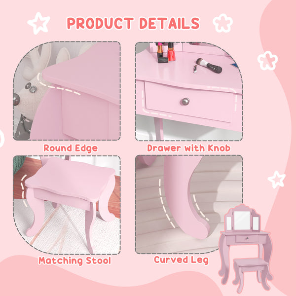 Dressing table set with folding mirrors, star and heart patterned drawer, pink