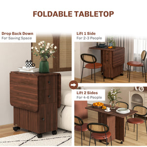 Drop-leaf dining table on casters with drawers, brown