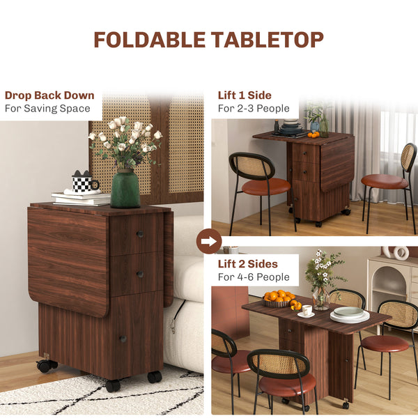 Drop-leaf dining table on casters with drawers, brown