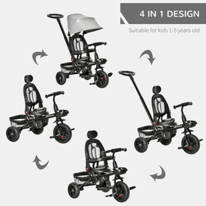 4-in-1 Tricycle with Adjustable and Reversible Seat, Canopy and Belt, Grey
