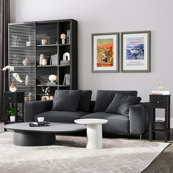 Set of 2 side tables with drawer and open storage shelf, black