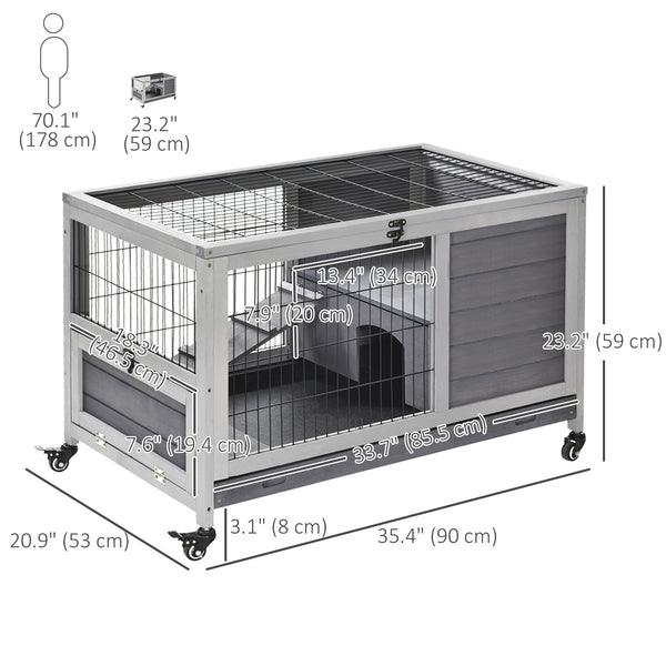 Indoor wooden hutch with enclosed run and wheels