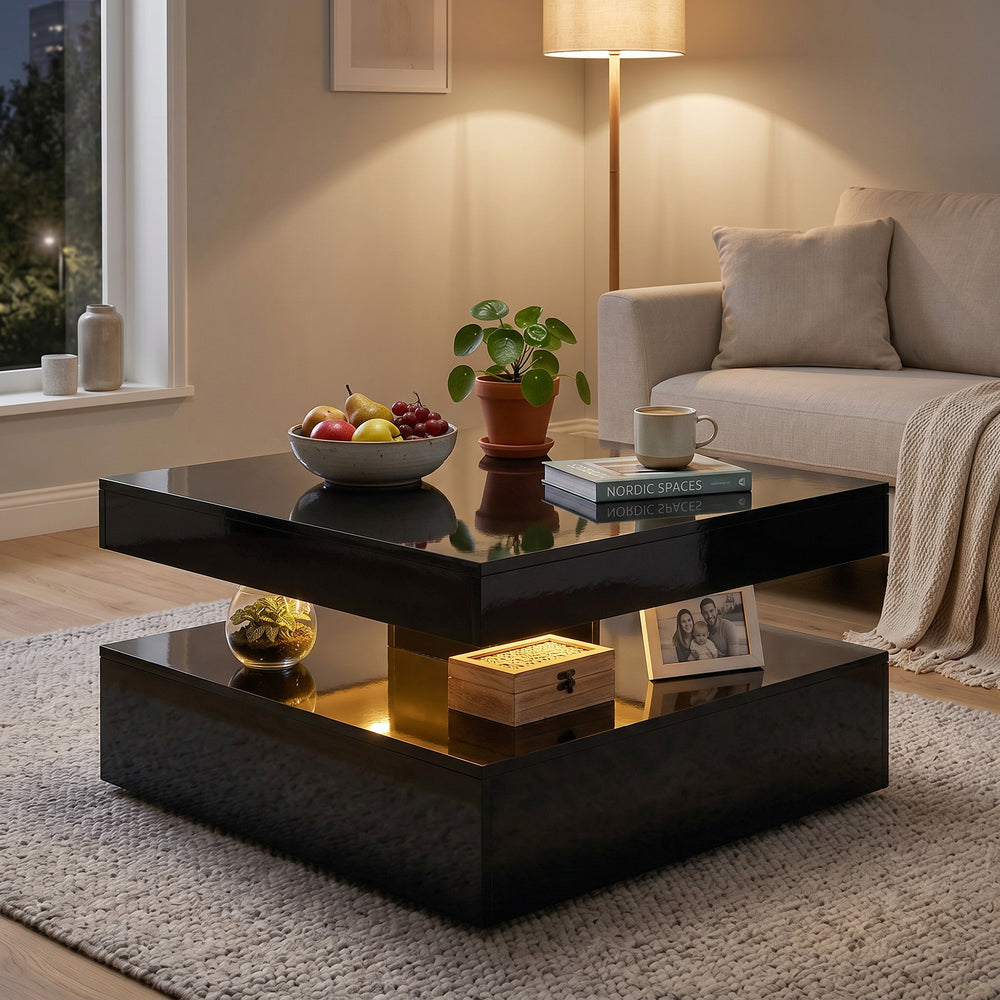 LED Coffee Table with 2-Tier Storage with Open Shelf and Remote Control for Living Room, High Gloss Black