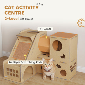 Multi-level corrugated cardboard cat house with scratching posts