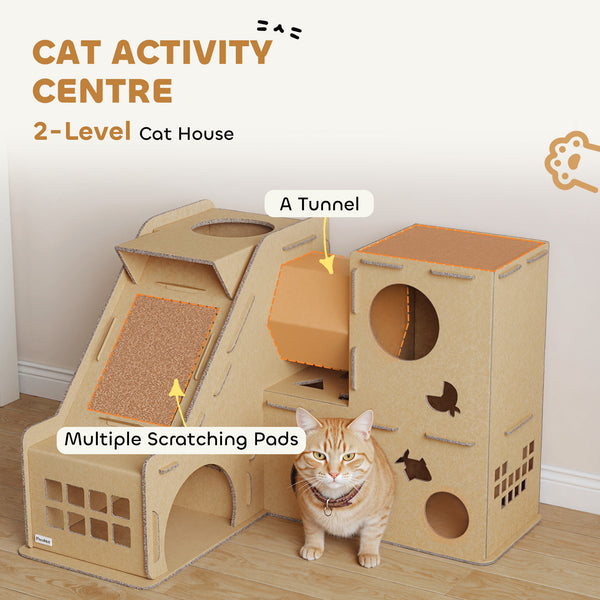 Multi-level corrugated cardboard cat house with scratching posts