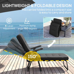 Folding lounge chair with cushion, adjustable backrest with footrest, black