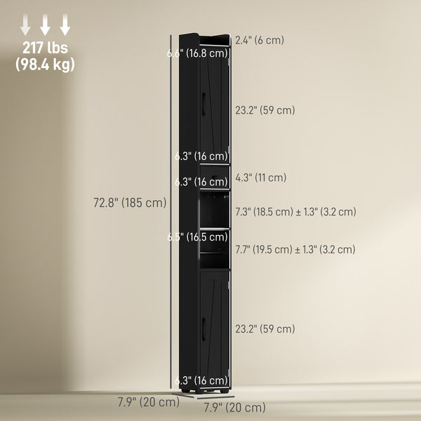 Narrow bathroom vanity with barn doors, drawer and adjustable shelves, black wood look