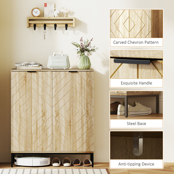 15 Pair Shoe Rack with Doors and Adjustable Shelves for Hallway, Oak