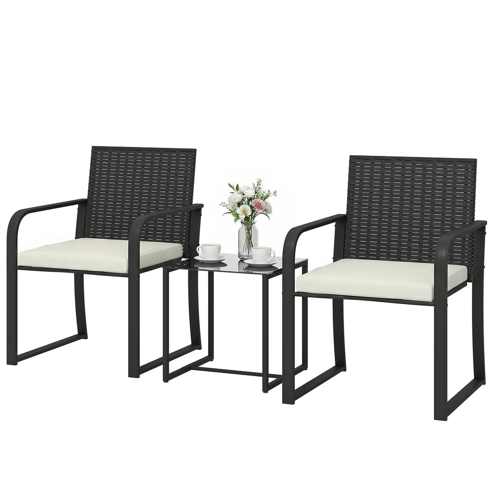 3-Piece Outdoor Wicker Bistro Set with Mesh Seating, Glass Top Table, and Cushions, Cream