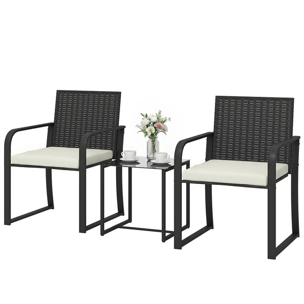 3-Piece Outdoor Wicker Bistro Set with Mesh Seating, Glass Top Table, and Cushions, Cream