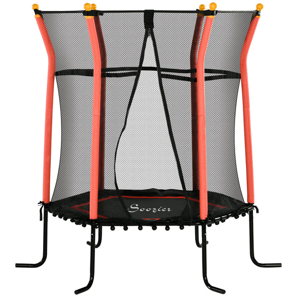 64" Kids Trampoline, Indoor/Outdoor, with Enclosure Net, Thick Padded Elastic Pole, Gift for 3-10 Year Olds, Red 