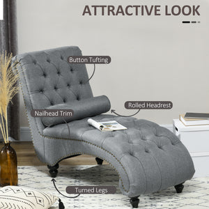 Upholstered button tufted chaise longue with wooden legs, gray