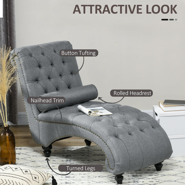 Upholstered button tufted chaise longue with wooden legs, gray