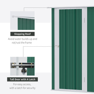 Metal garden shed with sloping roof and lockable door for tools, green